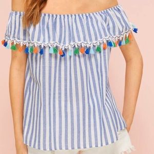 Off Shoulder Ruffle Tassel Striped Top